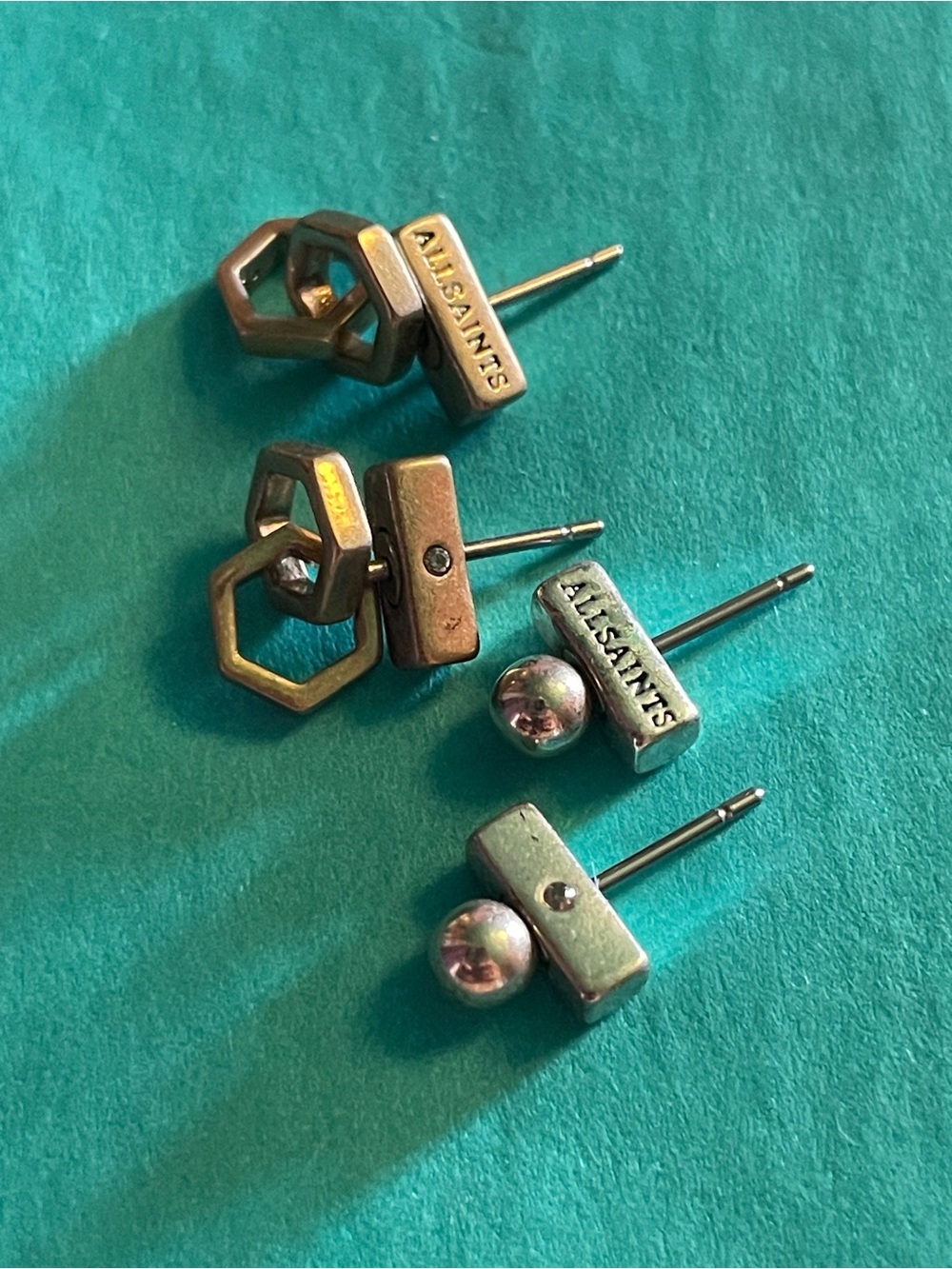 AllSaints Hex & Bar Stud Earring Set in Antique Silver